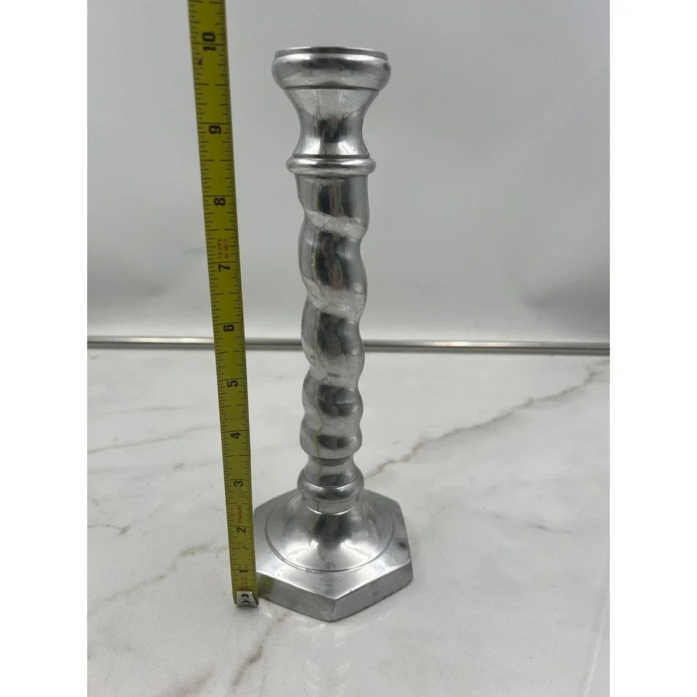 Vintage Pewter Barley Twist Candlestick Holder Hexagon Base 9.25 Inch Silver